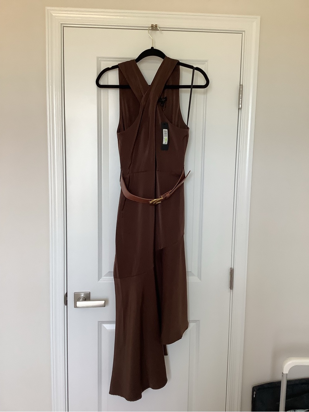 Donna Karan Brown Asymmetrical Sleeveless Dress with Cross-Back Straps